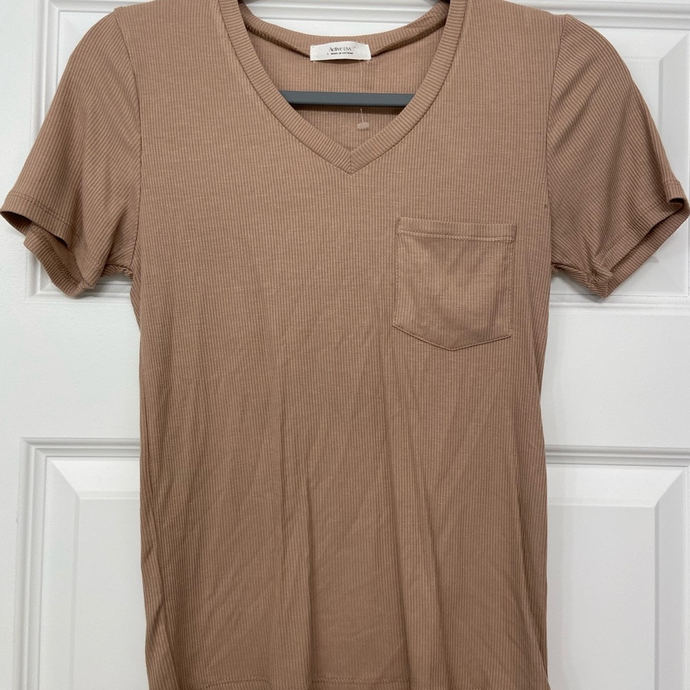 Active USA Light Brown V-Neck Tee